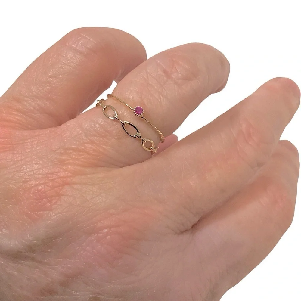 Gold Tone Delicate Chain Link Ring & Pink Garnet Colored Gemstone Ring Sz 7 New